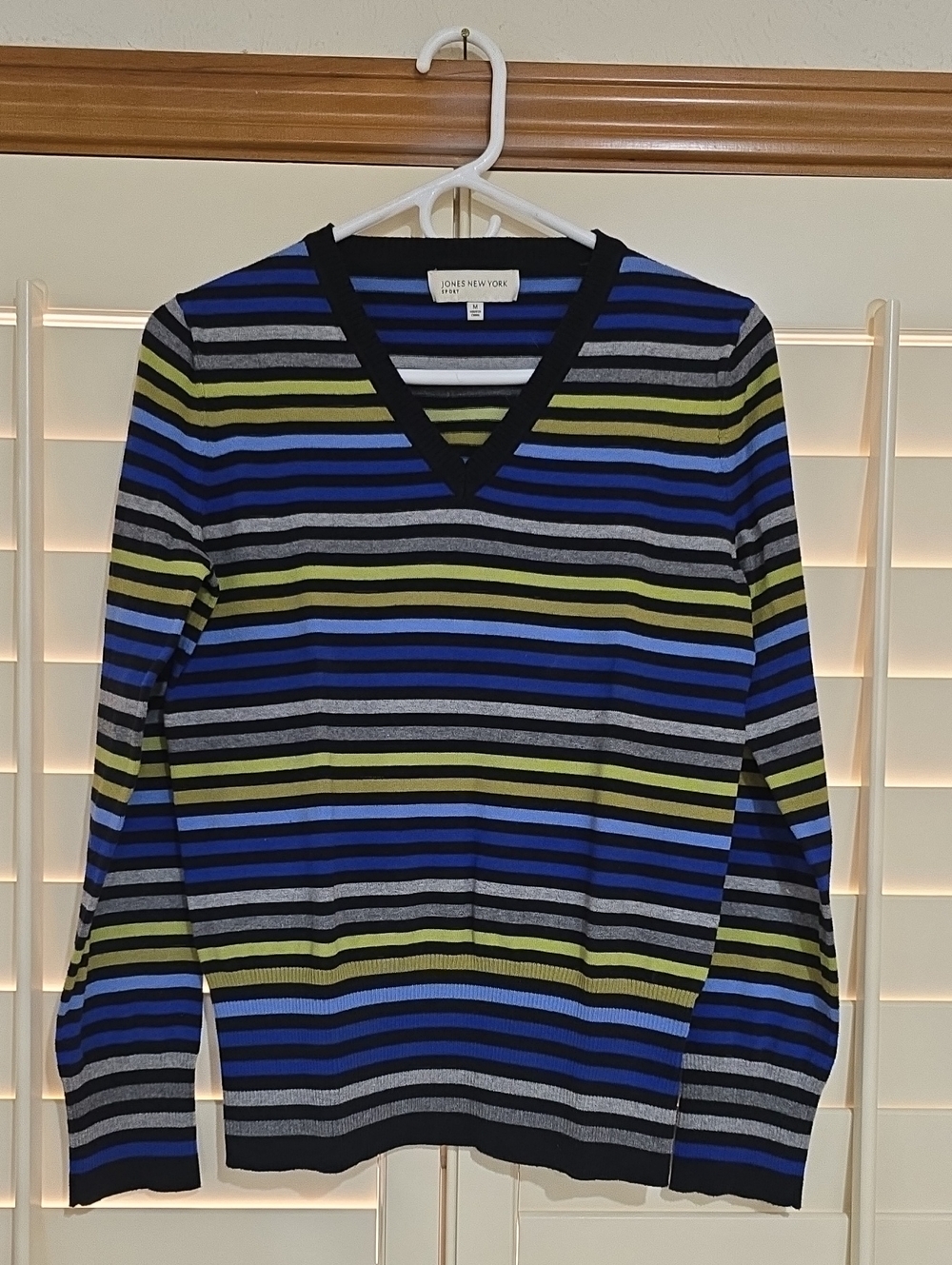Jones New York Blue, Green & Gray Striped V-Neck Sweater